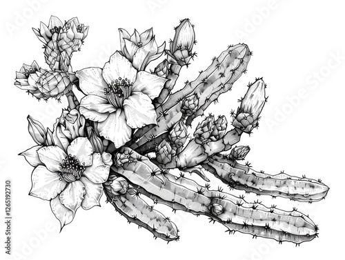 Hand drawn cactus with flowers. Black and white engraved ink art. Isolated cactus illustration element on white background.