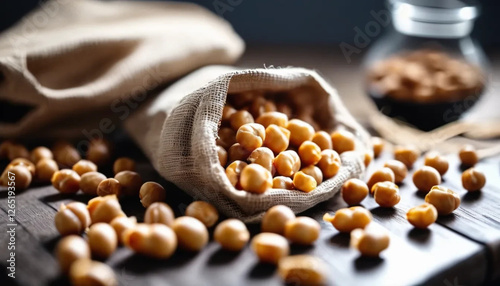 Chickpeas in linen bag. Close up. 