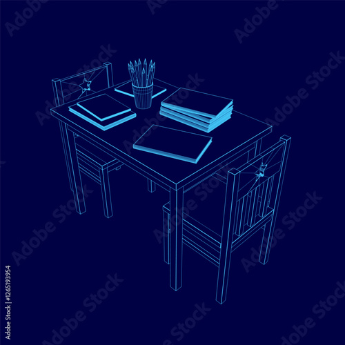 A blue table with a chair and a pencil holder. The pencil holder has a few pencils in it. There are several books on the table, including a thick book and a thinner one
