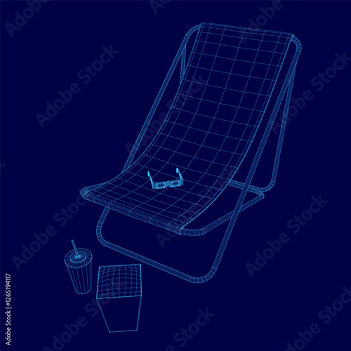 A chair with sunglasses on it is shown on a blue background. A cup and a straw are also present in the scene. The image conveys a relaxed and leisurely atmosphere, as the chair