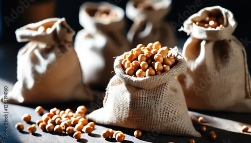 Chickpeas in linen bag. Close up. 