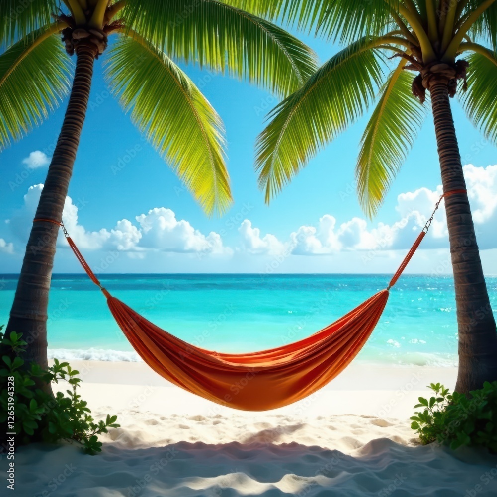 Naklejka premium Hammock sways gently between palm trees, ocean breeze , sea, sunlight