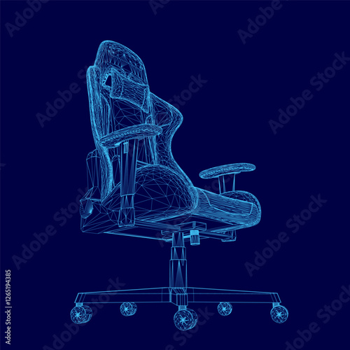 A chair is shown in a blue color. The chair is designed to be ergonomic and comfortable. The chair has a backrest and armrests