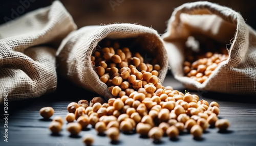 Chickpeas in linen bag. Close up. 