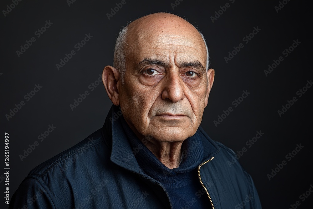 Older man with serious expression poses against dark background in urban setting Older man with serious expression poses against dark background in urban setting