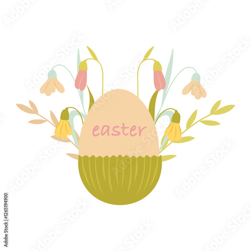 Easter egg on a stand, easter egg with snowdrop flowers 