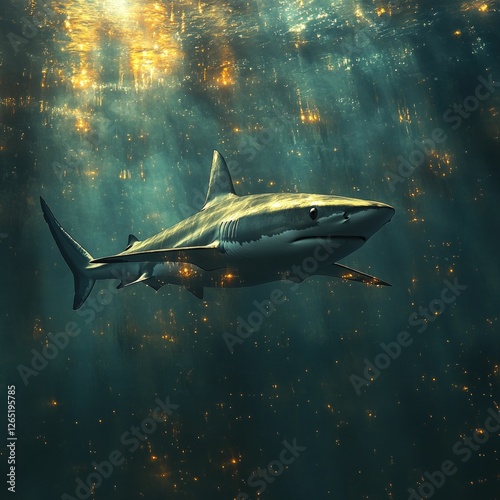 Wallpaper Mural Majestic shark swims in golden underwater depths Torontodigital.ca