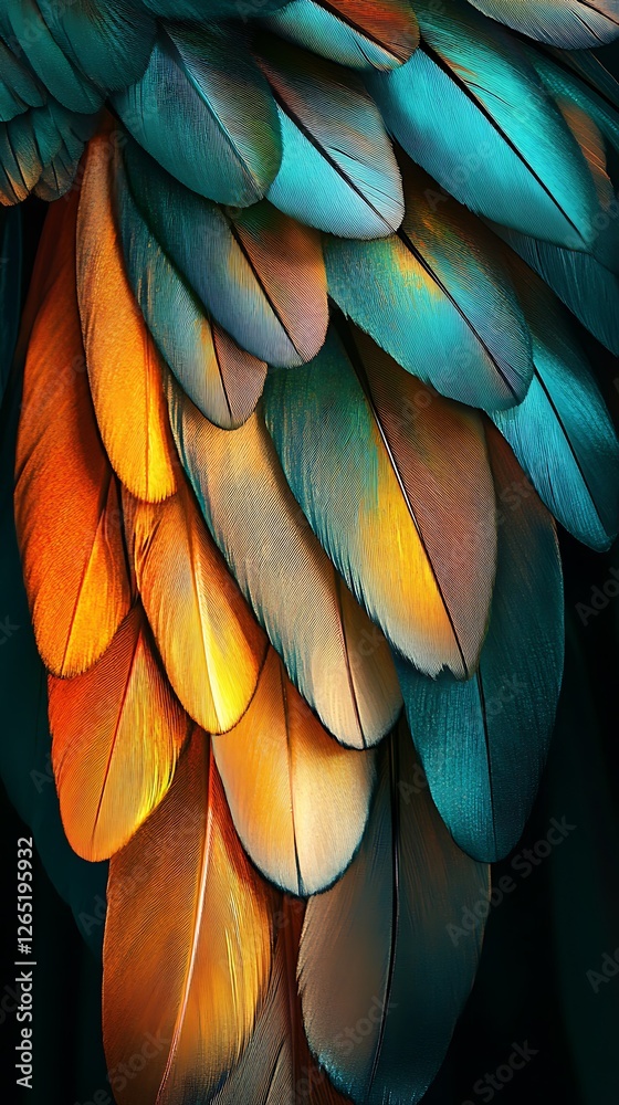 Obraz premium Close-up of vibrant blue and orange bird feathers with detailed texture and intricate patterns 