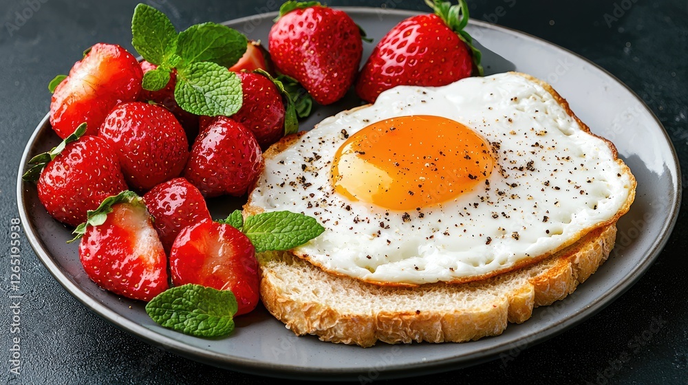 Breakfast toast with fried egg and strawberries Breakfast toast with fried egg and strawberries