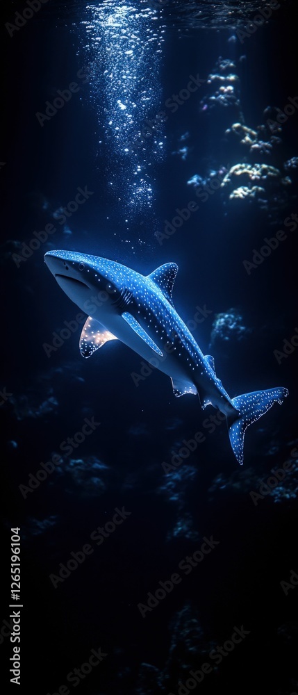 Fototapeta premium Spotted shark swims deep ocean bubbles rise