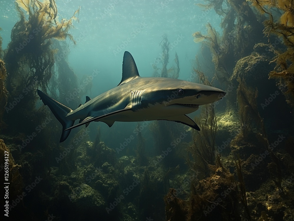 Fototapeta premium Shark gracefully swims kelp forest, sunlight dappled.