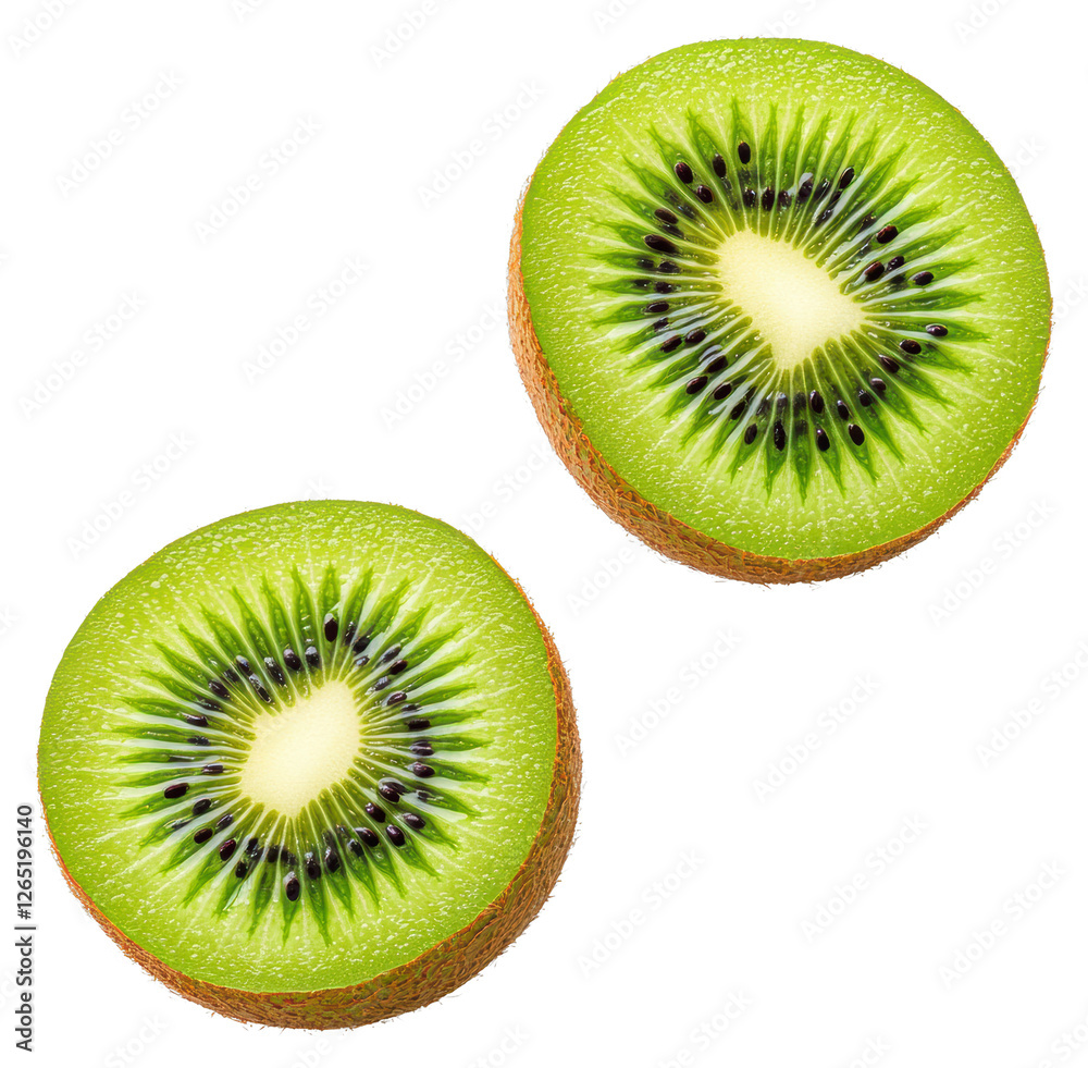 Fototapeta premium Two Sliced Kiwis Displaying Seeds and Green Pulp on Transparent Background