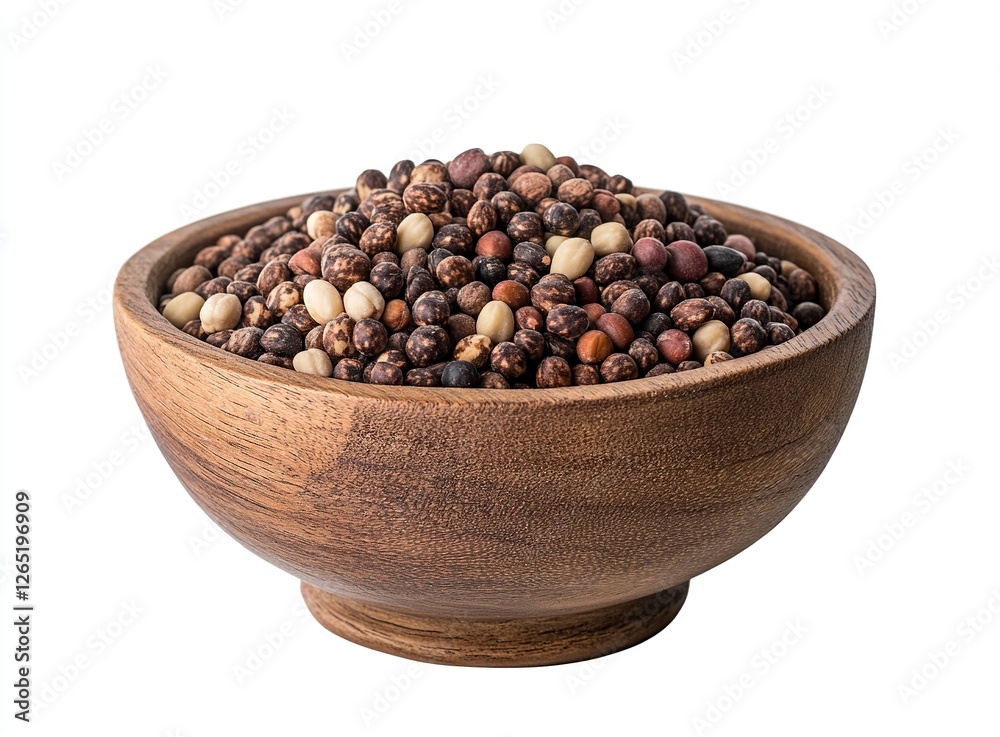 Nuts mixed in a wooden bowl, isolated on a white background with a clipping path, close-up view Nuts mixed in a wooden bowl, isolated on a white background with a clipping path, close-up view