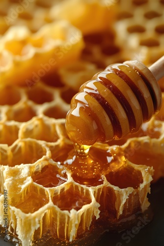 Golden Honey Drizzling from Wooden Dipper onto Natural Honeycomb in a Warm and Sweet Scene