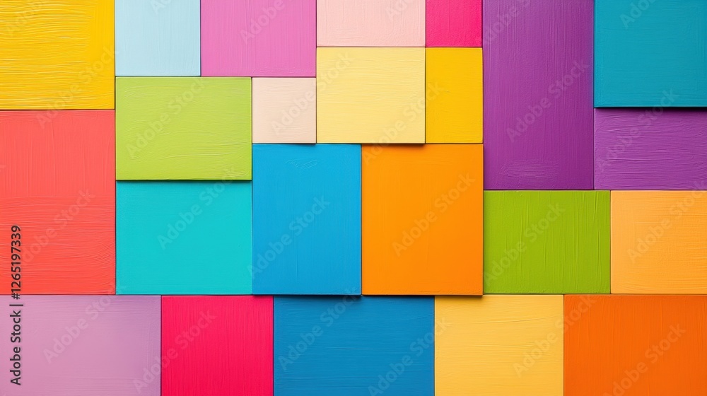Vibrant and abstract arrangement of variously sized and colored rectangles, creating a modern and visually stimulating composition