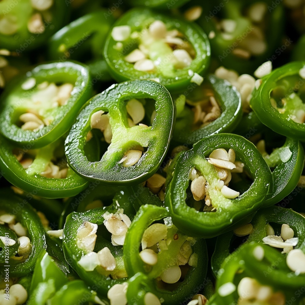 pile of sliced jalapeños revealing the vibrant green inside and tiny seeds pile of sliced jalapeños revealing the vibrant green inside and tiny seeds