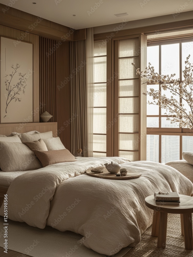 A serene bedroom featuring a comfortable bed and natural light A serene bedroom featuring a comfortable bed and natural light