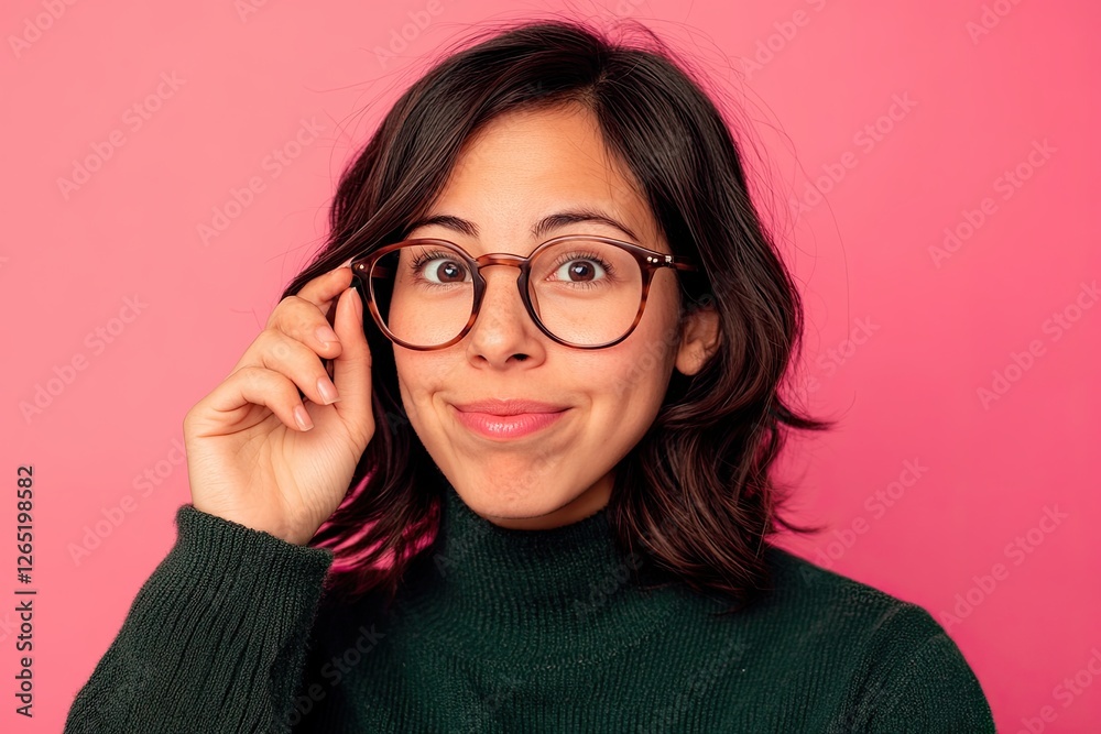 A young woman stands out against a pink background, sporting glasses and an expression of surprise A young woman stands out against a pink background, sporting glasses and an expression of surprise