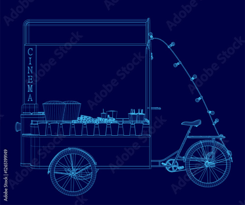 A blue drawing of a cinema trailer. The trailer is a small, blue bicycle with a canopy