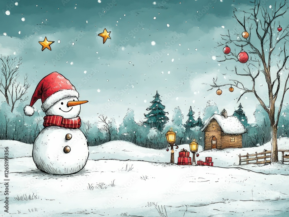 Obraz premium Cheerful snowman winter scene snowy landscape