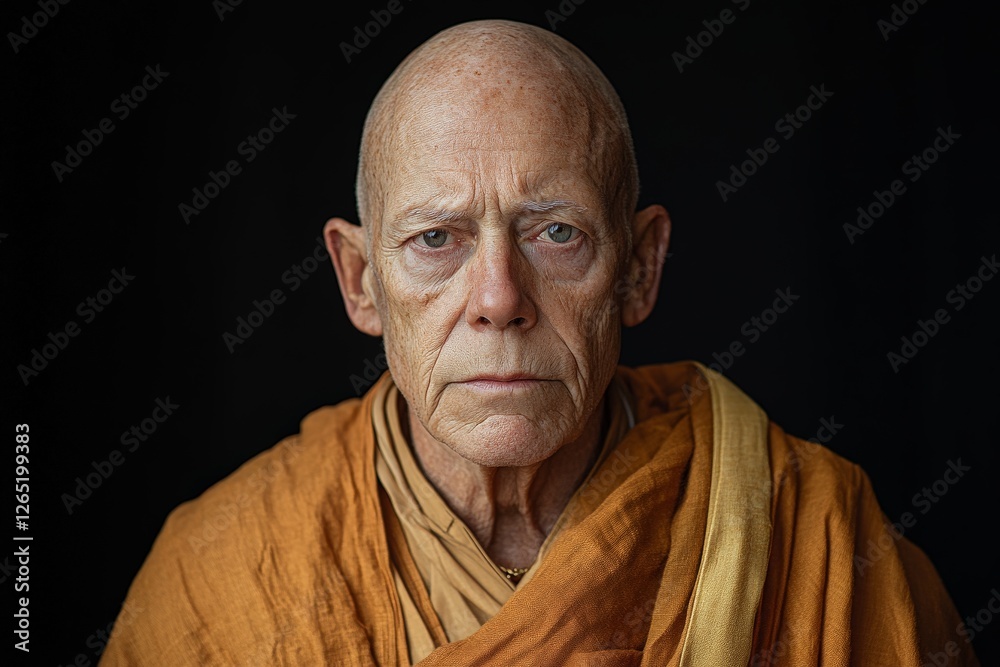 Obraz premium Elderly monk in orange robes gazes thoughtfully with a serene expression against a dark background