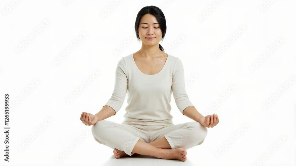 Peaceful Asian woman sitting on lotus pose and meditating over white background Peaceful Asian woman sitting on lotus pose and meditating over white background