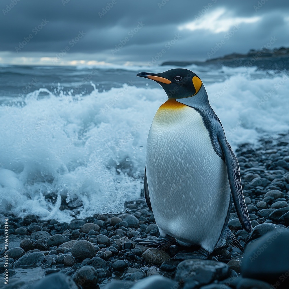 Fototapeta premium Majestic king penguin amidst ocean waves.