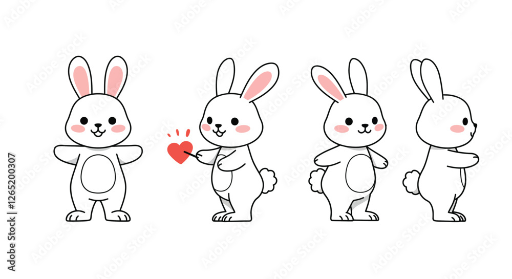 The rabbit transitions from holding a heart to a smiling pose in a playful animation. The rabbit transitions from holding a heart to a smiling pose in a playful animation.