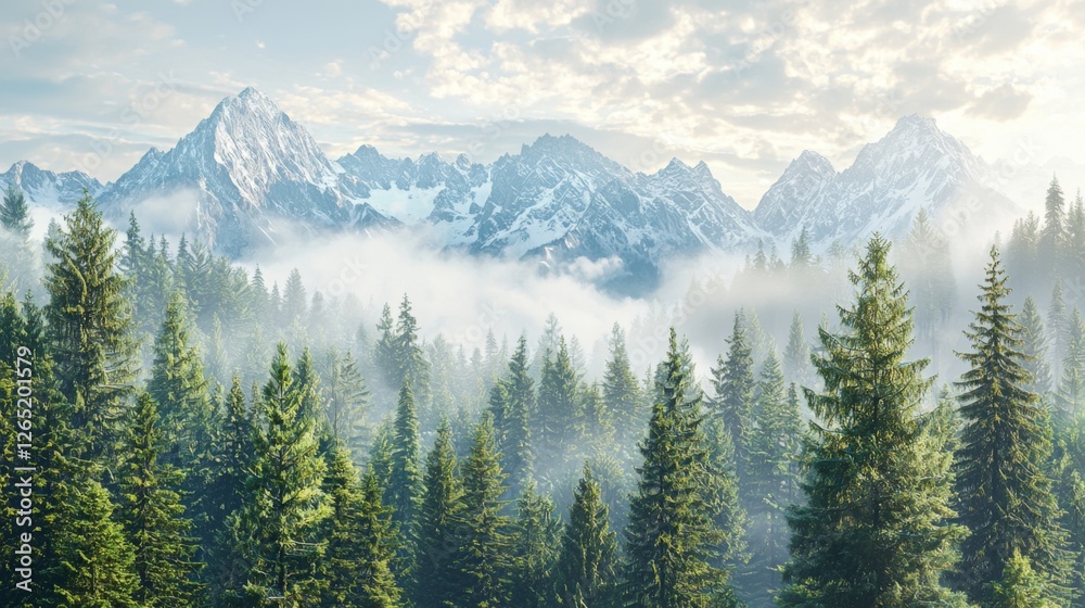 Majestic Mountain Landscape Surrounded by Lush Green Pine Forest and Misty Clouds under a Bright Blue Sky Majestic Mountain Landscape Surrounded by Lush Green Pine Forest and Misty Clouds under a Bright Blue Sky