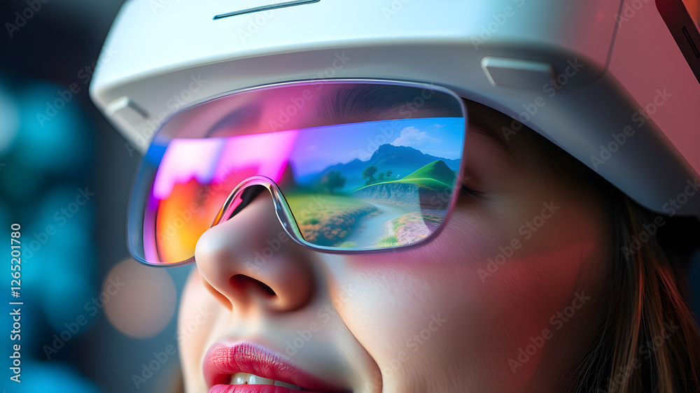 A close-up of a person in virtual reality, with vibrant digital landscapes reflecting in their eyes. The image captures wonder, immersion, and futuristic exploration in a glowing, high-tech environmen A close-up of a person in virtual reality, with vibrant digital landscapes reflecting in their eyes. The image captures wonder, immersion, and futuristic exploration in a glowing, high-tech environmen