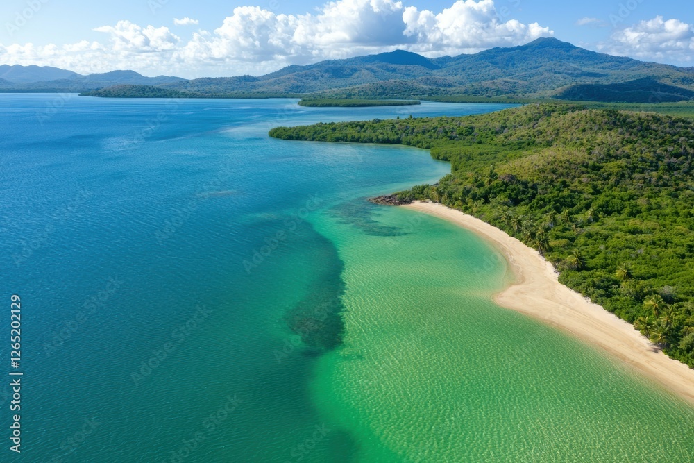 Fototapeta premium Aerial Perspective of a Stunning Tropical Island and Vibrant Coral Reef Landscape