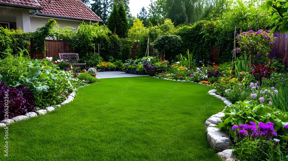 Fototapeta premium Lush Backyard Garden with Green Lawn - Lush Greenery & Natural Spa.