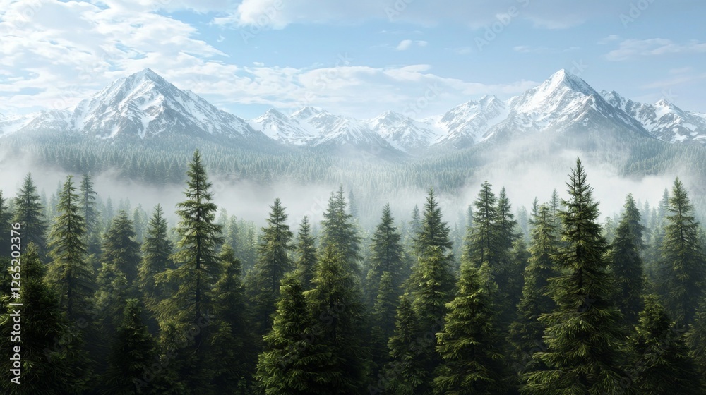 Serene Mountain Landscape with Lush Green Forest and Misty Valley Under Clear Blue Sky Serene Mountain Landscape with Lush Green Forest and Misty Valley Under Clear Blue Sky