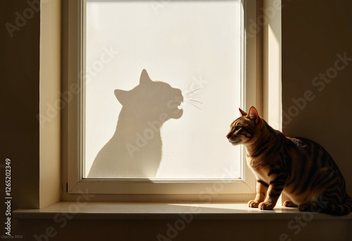 Cat sitting on windowsill with fierce tiger shadow, playful symbolism photo