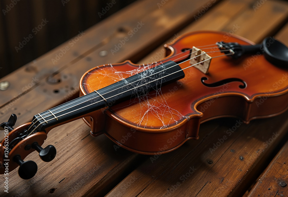 Fototapeta premium Violin adorned with spiderweb strings on wooden table, artistic surrealism