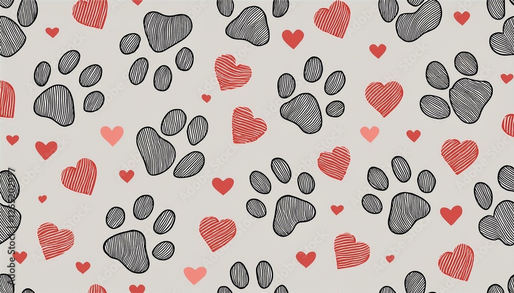 Fototapeta premium Pet footprint seamless pattern. Pet animal dog, cat footprint background with heart. Puppy valentine texture doodle wallpaper. perfect any project