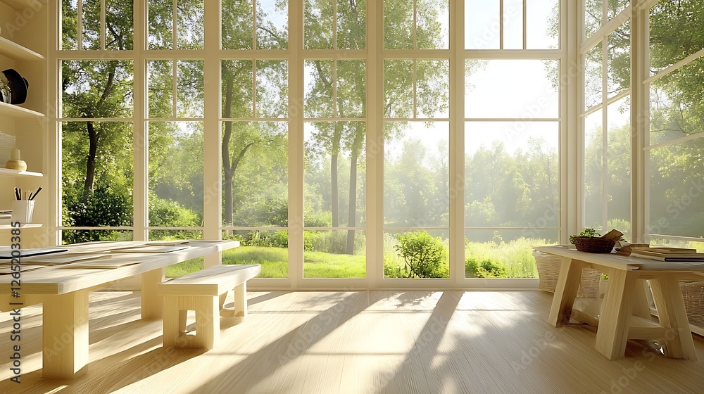 Sunlit Room With Large Windows Overlooking Lush Greenery Sunlit Room With Large Windows Overlooking Lush Greenery
