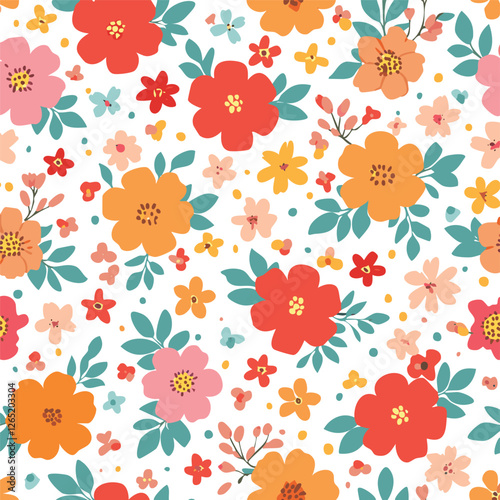 Floral pattern. Pretty flowers on a white background. Printing with small orange, red, and pink flowers. vectors eps image. Ai generated images