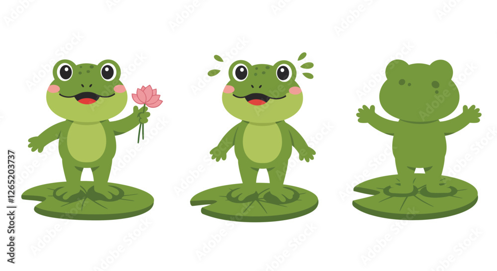 The frog changes from holding a flower to expressing joy and revealing its back in this sequence. The frog changes from holding a flower to expressing joy and revealing its back in this sequence.
