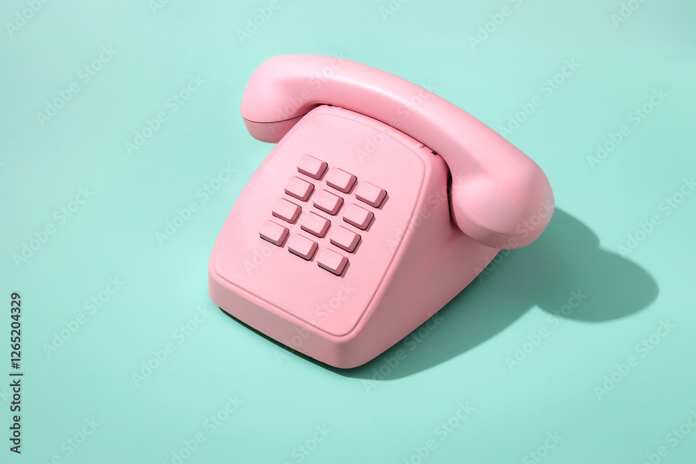 Pink retro phone on turquoise background. Pink retro phone on turquoise background.