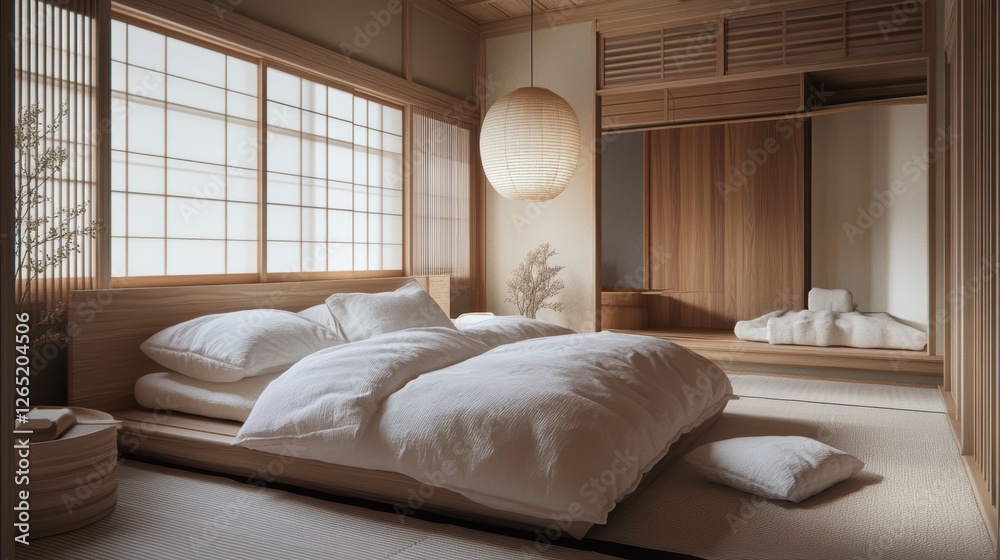 Minimalist bedroom design featuring a platform bed and tatami mats Minimalist bedroom design featuring a platform bed and tatami mats