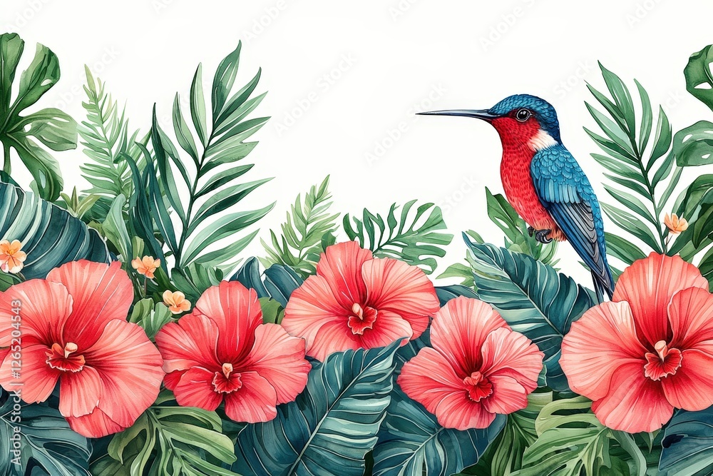 Naklejka premium A tropical bird gracefully perched on a branch surrounded by lush green leaves and flowers