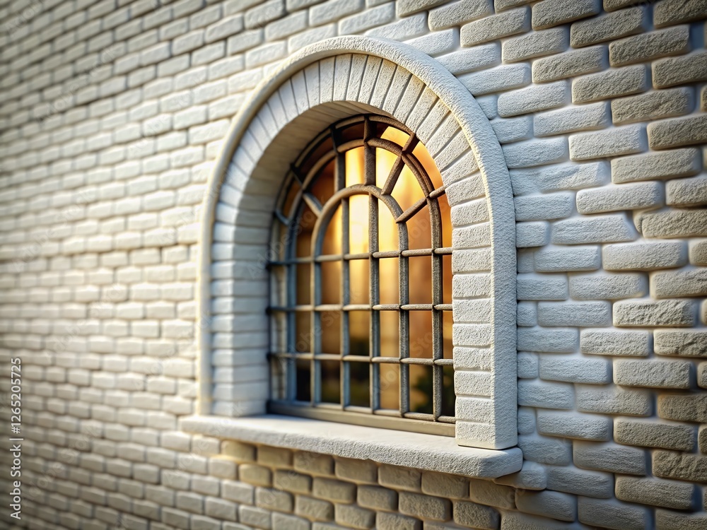 Obraz premium Tilt-Shift Photo of Semicircular Window in White Brick Wall - Miniature Architectural Detail