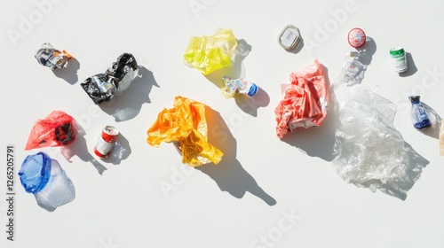 Colorful trash scattered on white background, environmental pollution concept, for recycling awareness campaigns