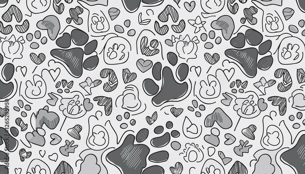 Fototapeta premium Pet footprint seamless pattern. Pet animal dog, cat footprint background with heart, bone element. Puppy, kitten texture doodle drawn wallpaper. perfect any project