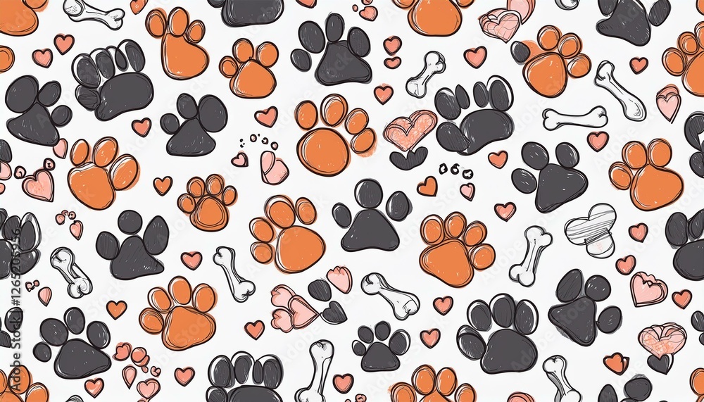 Fototapeta premium Pet footprint seamless pattern. Pet animal dog, cat footprint background with heart, bone element. Puppy, kitten texture doodle drawn wallpaper. perfect any project