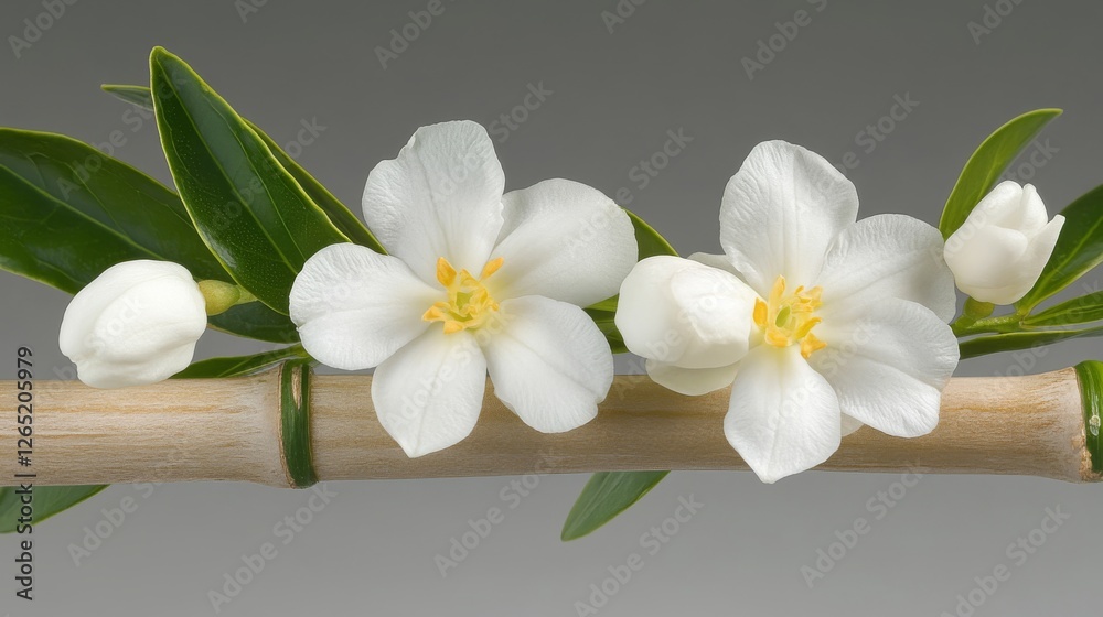 Fototapeta premium Close-up of delicate white jasmine flower with green leaves and twigs. Natural floral background, botanical beauty, and fresh aromatic bloom concept.