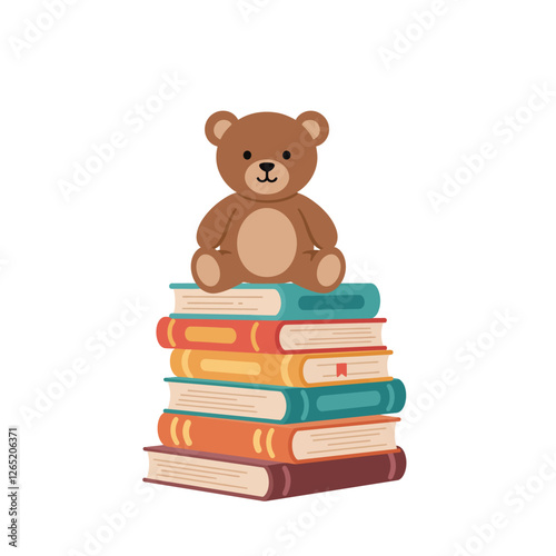 The teddy bear remains on the books while colors and arrangements change between the frames.