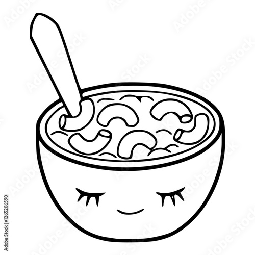 a black and white drawing of a cute smiling macaroni and cheese bowl cartoon for coloring pages