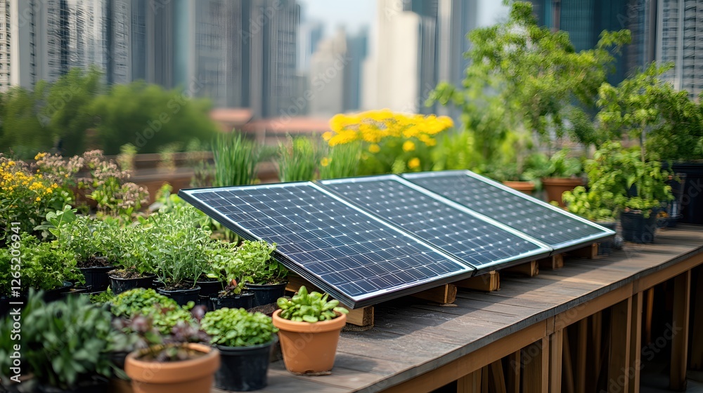 Fototapeta premium Sustainable Urban Oasis Solar Panels and Lush Greenery on a Rooftop Garden Scene